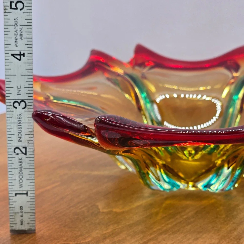 MCM 60s Murano Hand-Blown‎ Glass Bowl Red Amber Teal Sommerso Starburst 10 inch